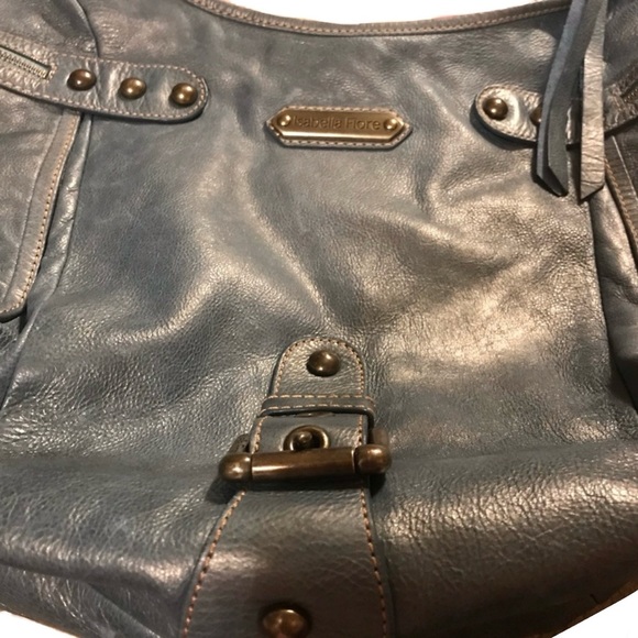 ISABELLA FIORE Vtg Large Blue Metallic Shimmer Stud Leather Hobo Handbag Satchel - Picture 8 of 16